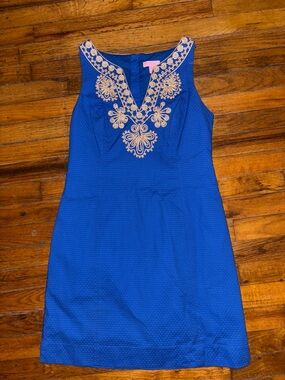 Lilly Pulitzer Cobalt Blue V-Neck Sleeveless Dress with Gold Embroidery
